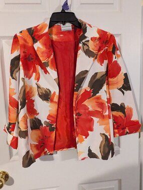 Women's jacket white with pink/orange flowers, petite, $14.